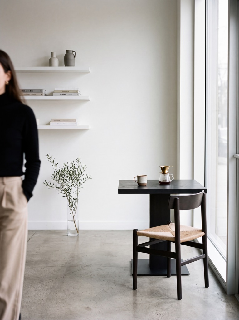 A dark timber café table and woven-seat chair beside a tall window
